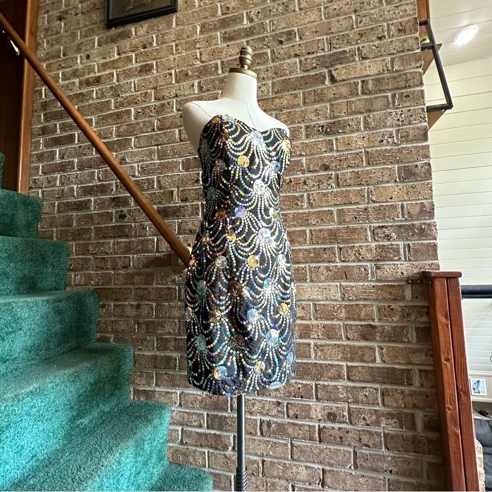 VTG 80s Retro Sequin Disco Abstract Body con Party Strapless Mini Dress